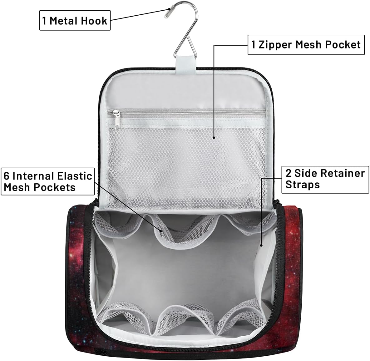 cfpolar Red Galaxy Starry Sky Hanging Travel Toiletry Bag for Women Girls, Waterproof Makeup Organizer Bag Case with Compartments, Portable Bathroom Cosmetic Storage Bag Pouch Holder