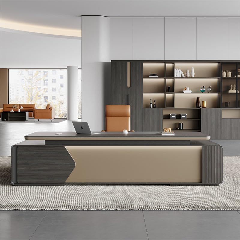 Image of Lakdi The Furniture Co Luxury Modern Executive L Shape Director Table with Side Storage Dark Wood Finish & Gold Accent Panel - LDL-773