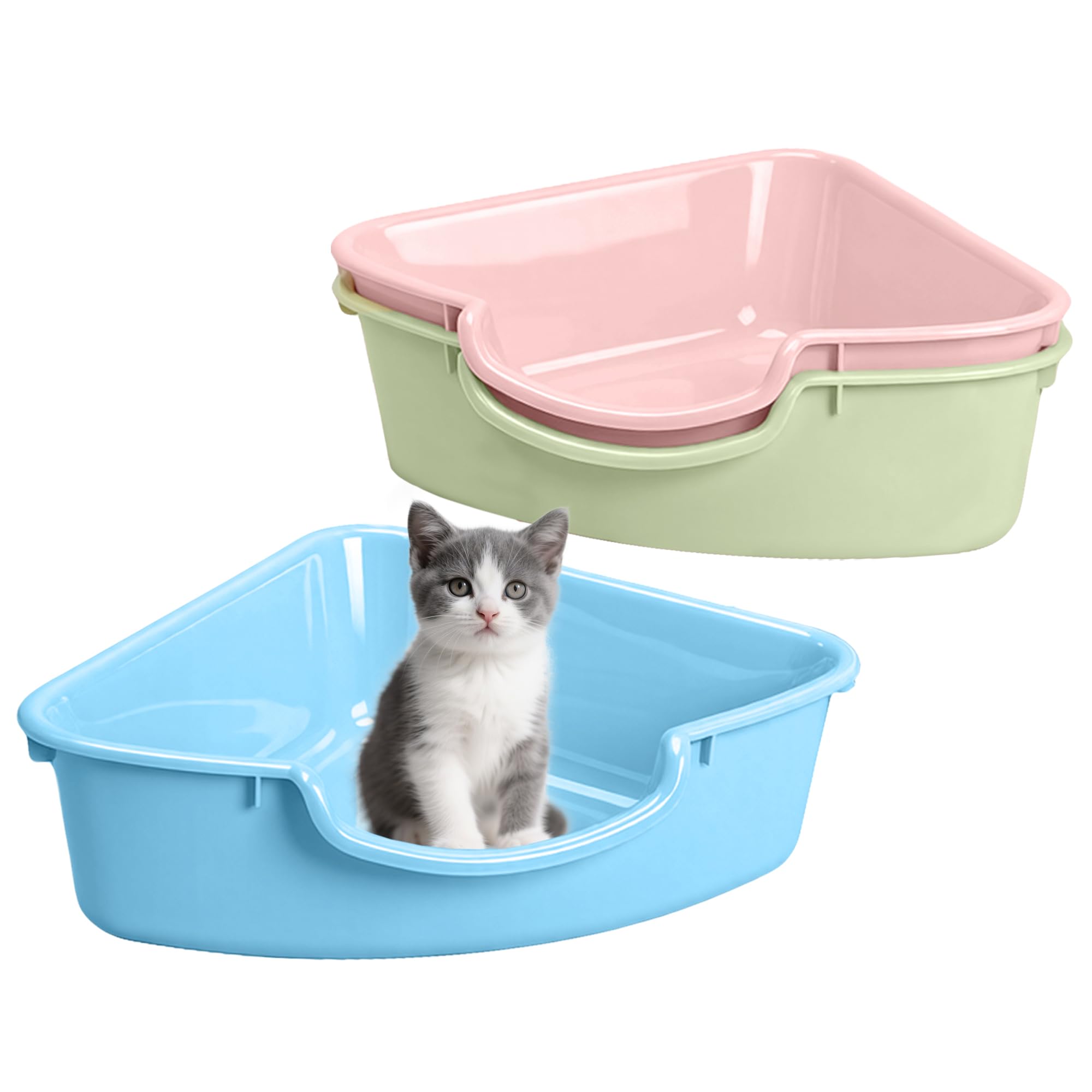 Dreieckige Eck-Katzentoilette, niedriger Einstieg, kleine Kunststoffpfanne für Kätzchen, neugeborene Katzen und kleine Haustiere, 3 Stück