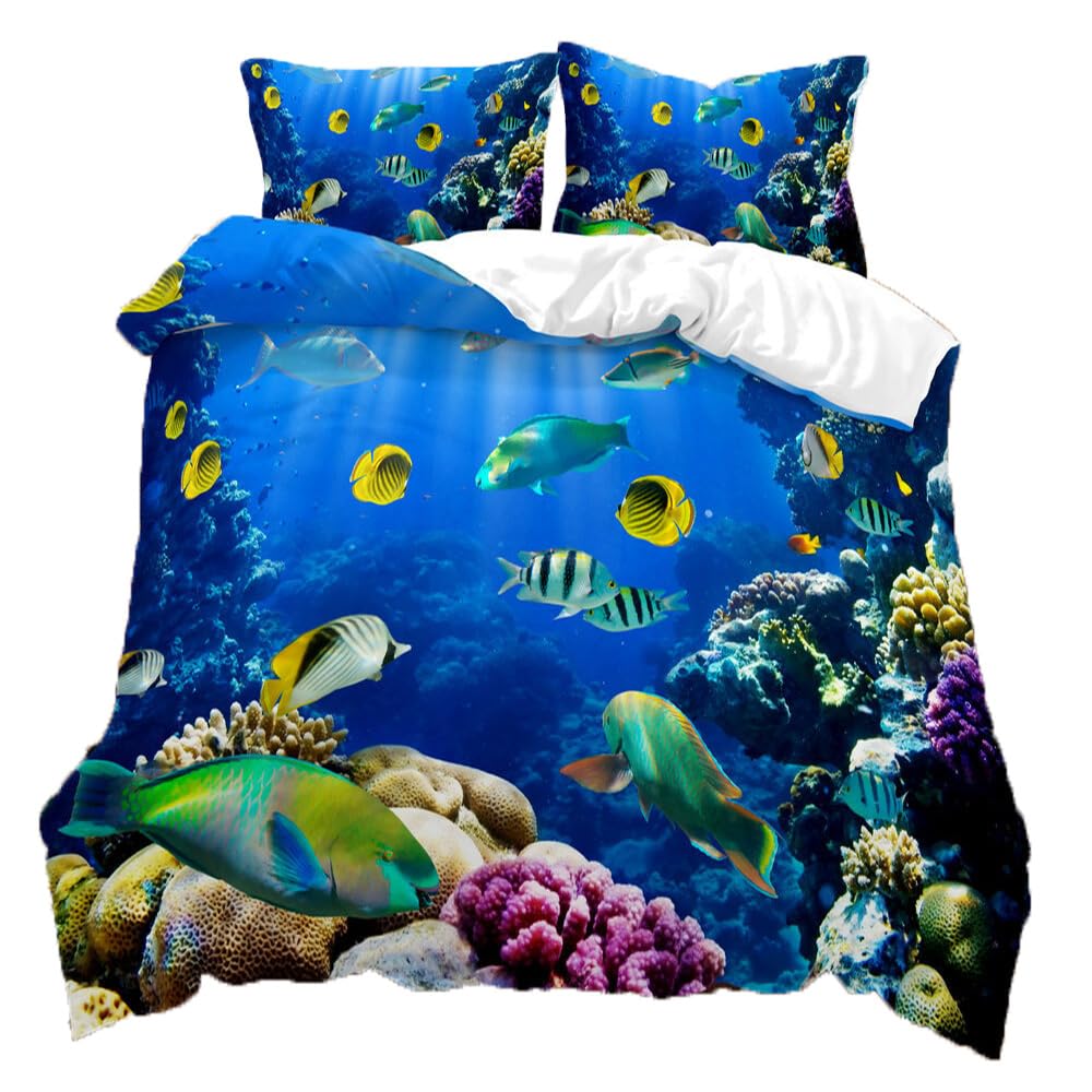 EHAOKK 3D Sea Animal Bedding Set, Dolphin, Tropical Fish, Coral, Sea Life Duvet Cover - Image 2