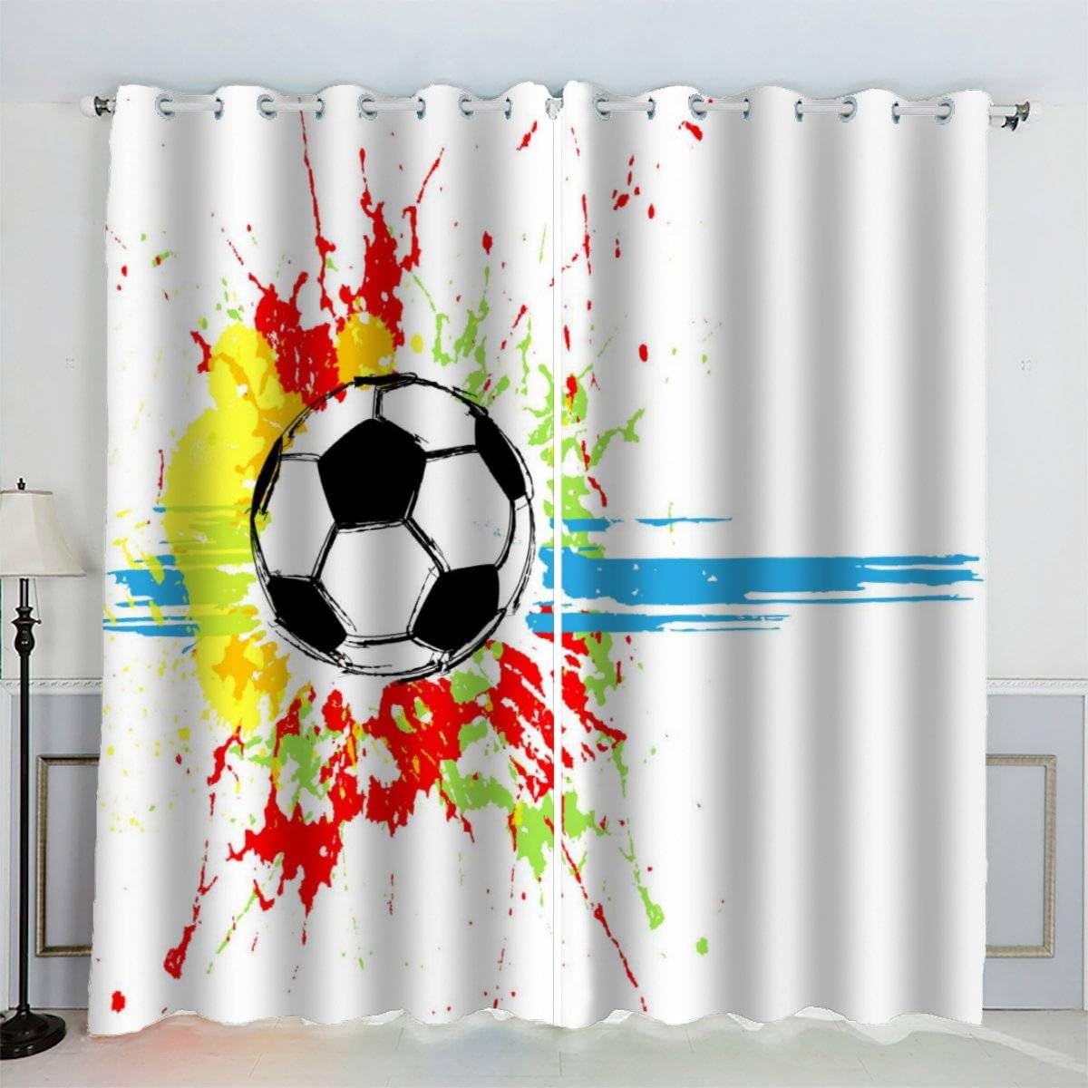 AKATIE Blackout Curtain Colorful Football Kid Insulated Drapes Art 3D Print Eyelet Window Curtains for Boys Girls Teens Children kids Bedroom Set of 2 Panels (W150xL166cm)