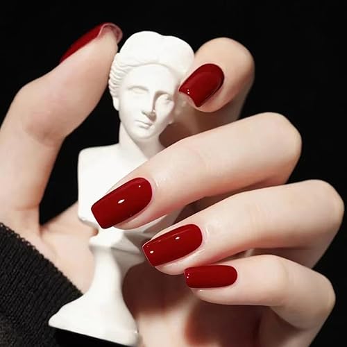 Uñas postizas a presión rojas de longitud media, uñas postizas de color rojo vino, uñas acrílicas con pegamento con elegantes diseños rojos