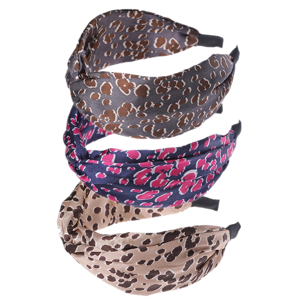 3Pcs Women Wide Headbands Non Slip Fabric Hairbands Elastic Twist Headband Wide Bow Knot Headwrap Alice Hair Bands for Women Uk (Leopard headband)