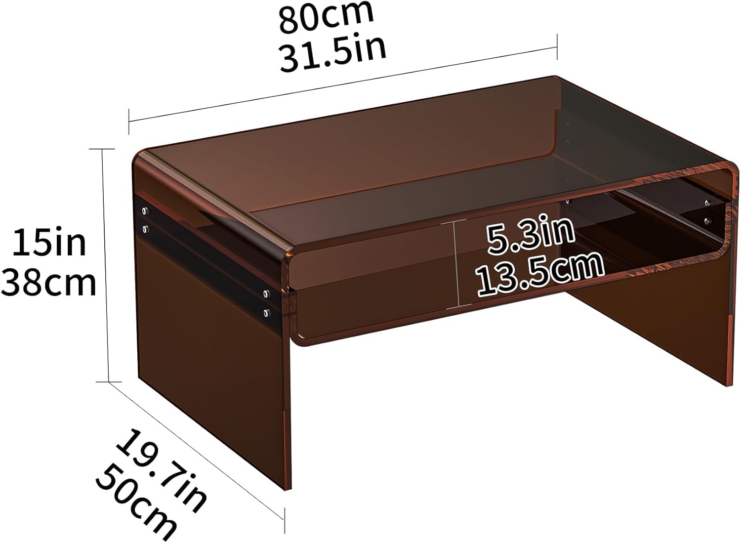 Acrylic Coffee Table for Living Room Clear Rectangle Lucite Table with Open Storage Shelf (1, Dark Brown, Large) Large Dark Brown 1