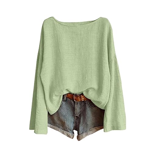 Women's Cotton Linen Tops Long Sleeve - Light Green
