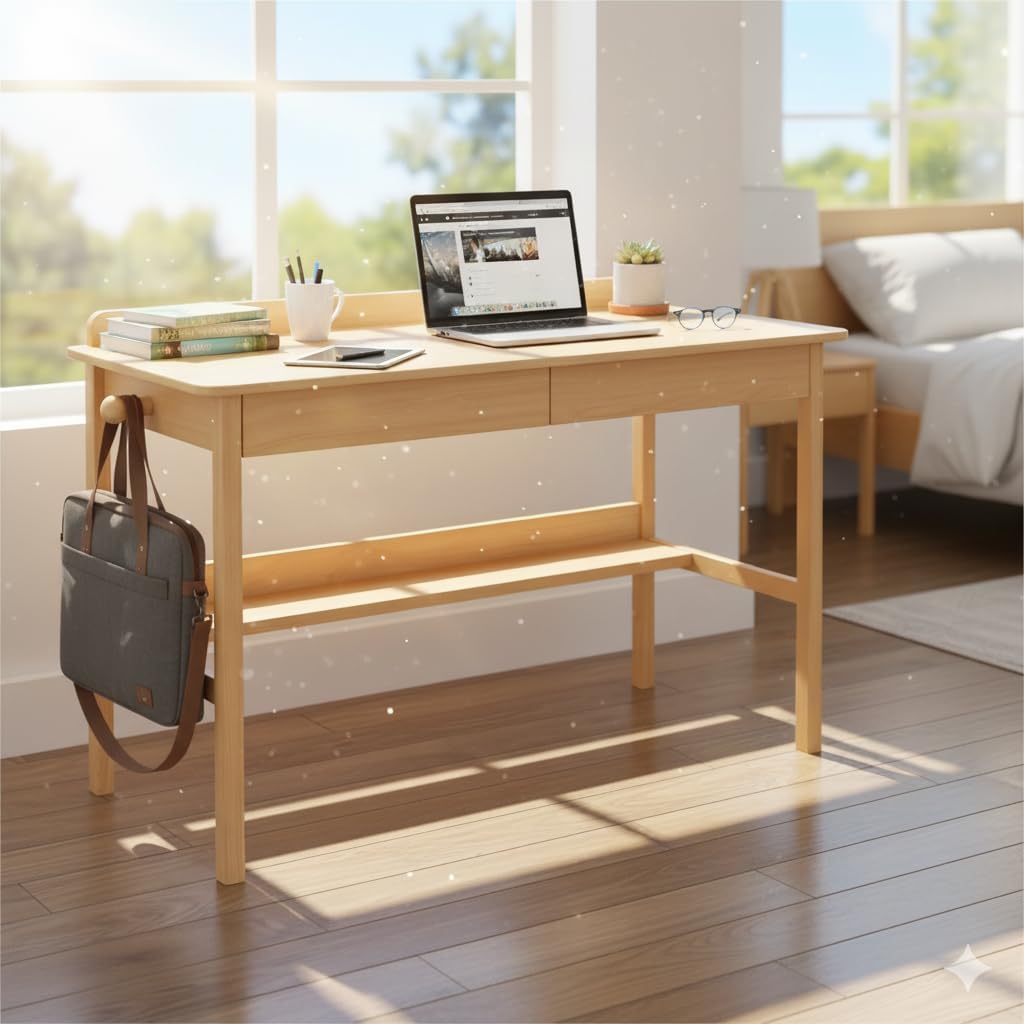 100% Solid Wood Writing Desk with Drawers,39" Mid Century Modern Desk with Shelf,Modern Home Office Desk Study Writing PC Table for Small Spaces,Easy Assembly (Natural, 39in)