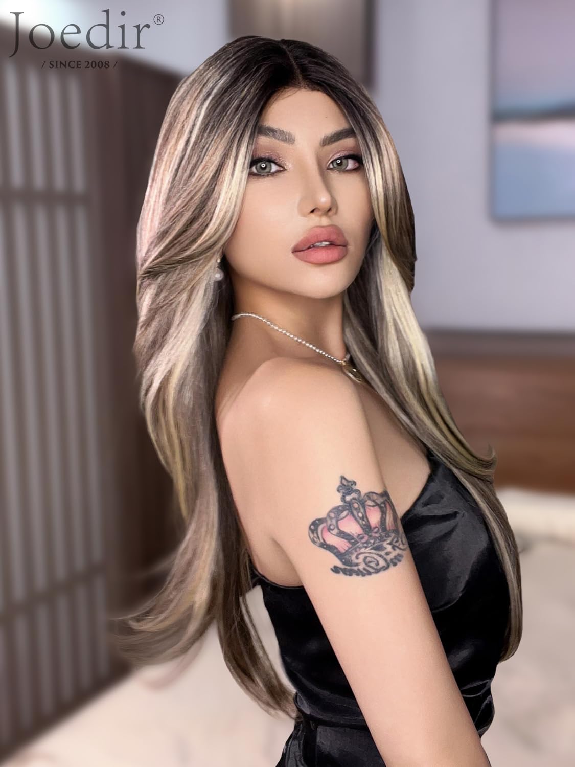 Joedir Long Layered Wig With Curtain Bangs Deep Part Lace Front Wigs for Women 26 Inch Middle Part Highlights Wig Heat Resistant Synthetic Wigs for Daily Party Use - Image 4