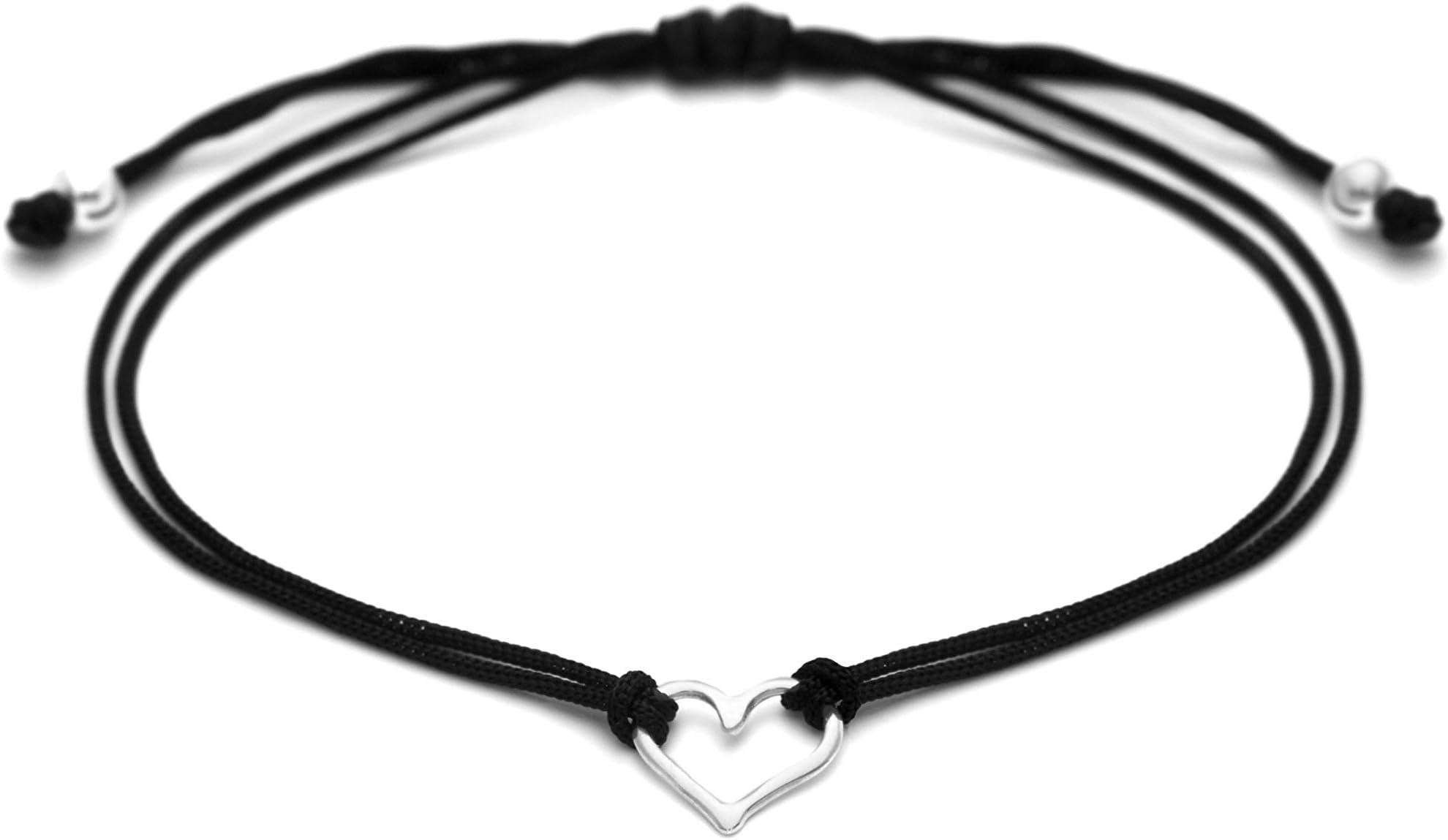 Black Womens Friendship Bracelet, Small Handmade Sterling Silver 925 Open Heart Shaped Charm, Pull Adjustable Kindred Cord Thread. Handmade Heart Gift Set