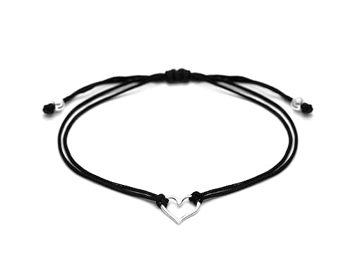 Black Womens Friendship Bracelet, Small Sterling Silver 925 Open Heart Shaped Charm, Pull Adjustable Kindred Cord Thread, Handmade by Claudia Lira.