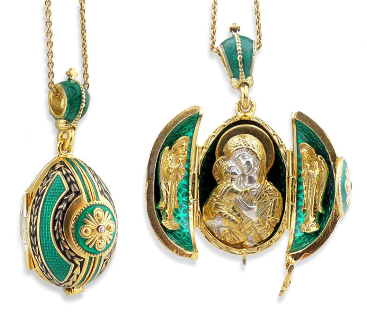 Virgin Mary Triptych Egg Pendant Locket Silver 925 God Tone 1 1/2 Inch, Green, Surprise Virgin Mary Icon