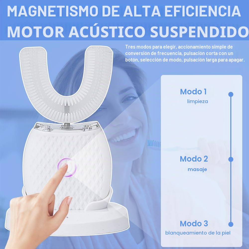 Cepillo de Dientes Ultrasónico Automático, Cepillo de Dientes Eléctrico Ultrasónico Automático de 360° en Silicona Forma de U, 3 Niveles de Intensidad, 45 S Temporizador, IPX7 Impermeable