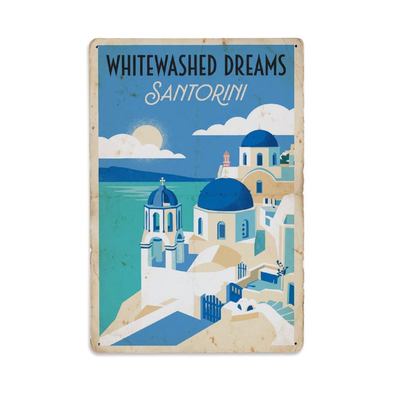 Gead 8X12inch Style Vintage Travel Santorini Whitewashed Dreams Metal Tin Sign