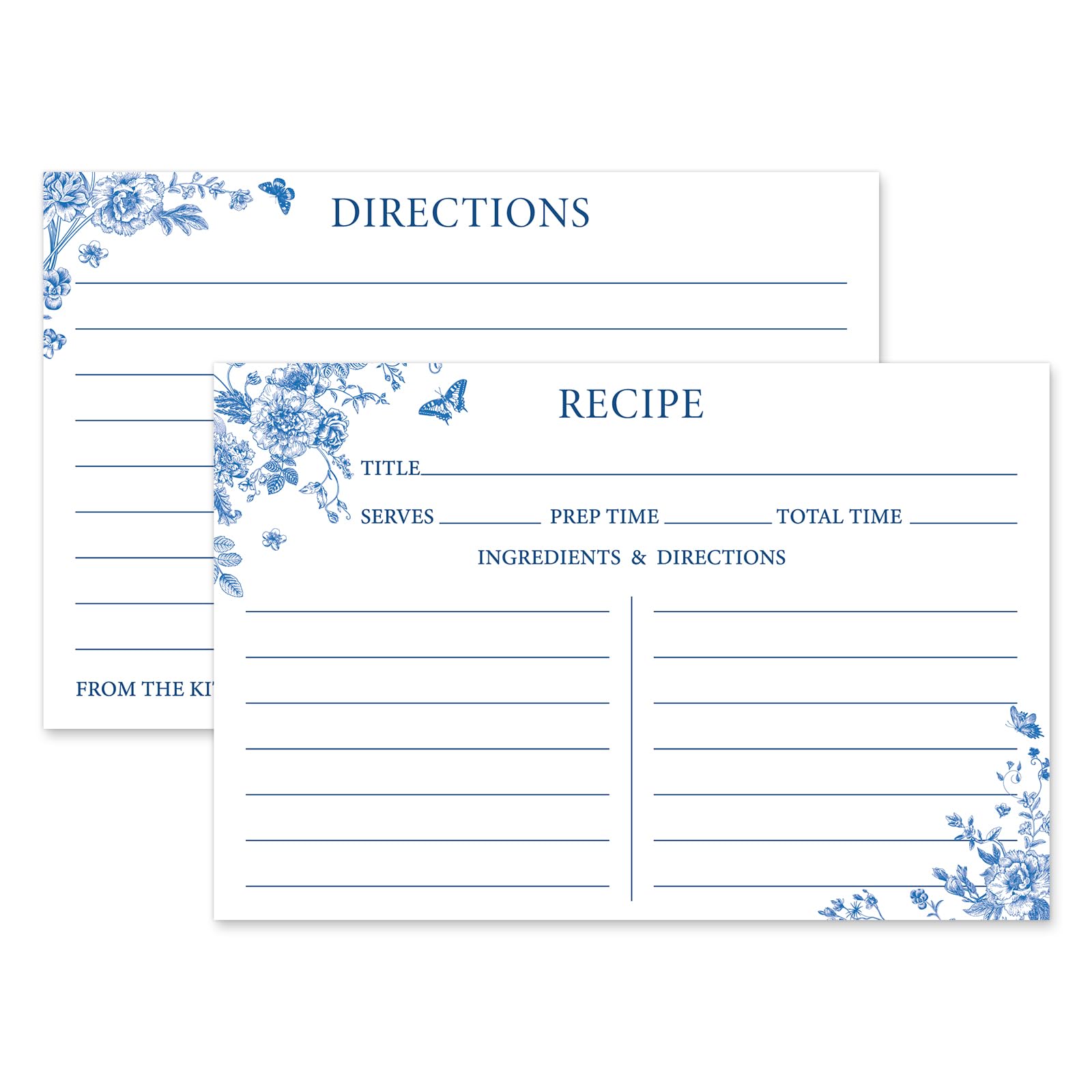 JarThenaAMCS 50Pcs Blue Floral Recipe Cards Chinoiserie Flower Butterfly Blank Recipe Cards Double-Sided Recipe Page for Bride Shower Wedding Supplies