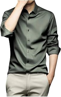 Dyhxuan Camisa de satén para hombre, traje básico, camisa de negocios de un solo color, corte regular, camisas de trabajo de manga larga, solapa, camisas de oficina, suaves y cómodas, camiseta de