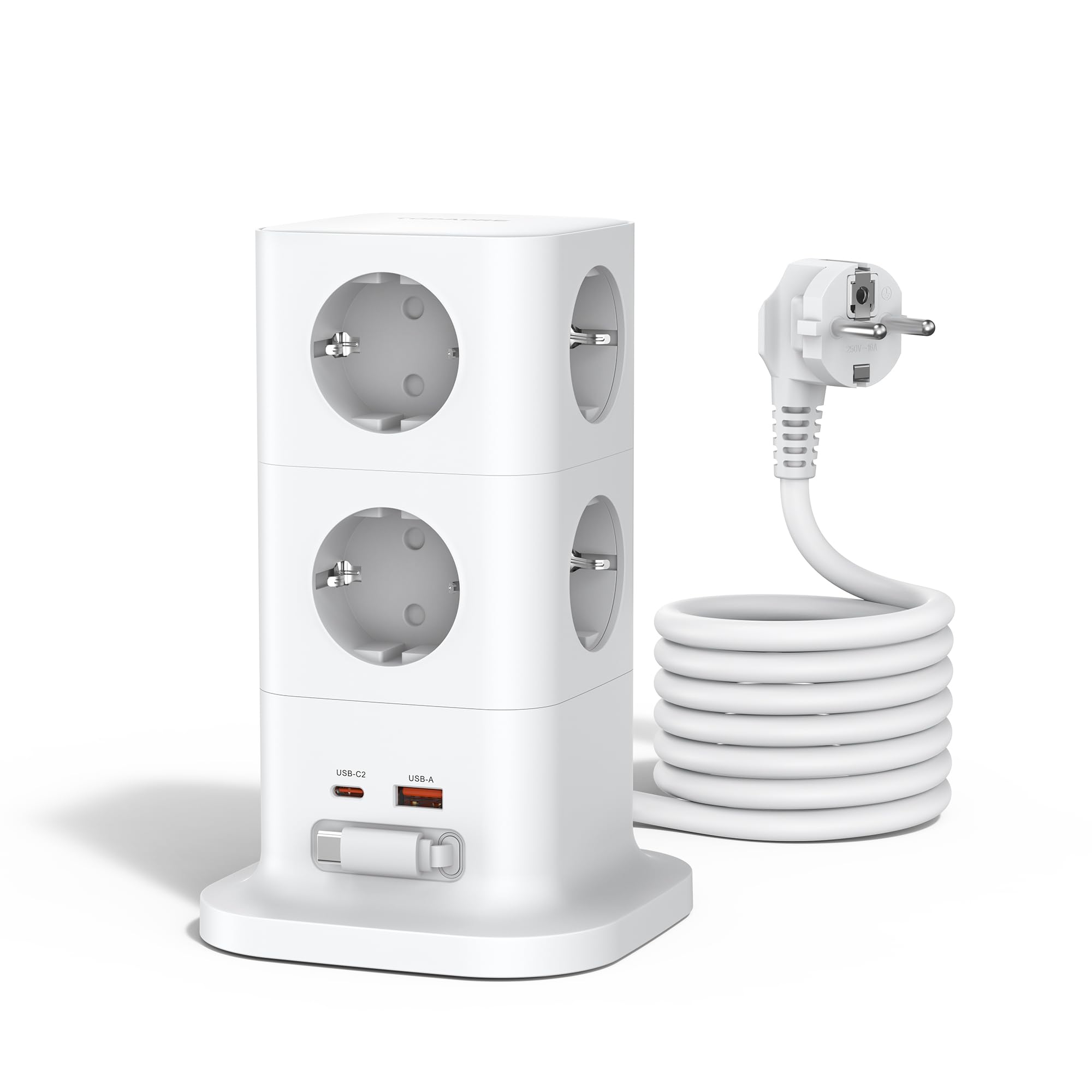 TOPADRE Tipo Torre con Carga rápida de 65 W y Cable retráctil de 70 cm. Regleta multifunción 11 en 1 con protección contra sobretensiones, Interruptor y Cable.
