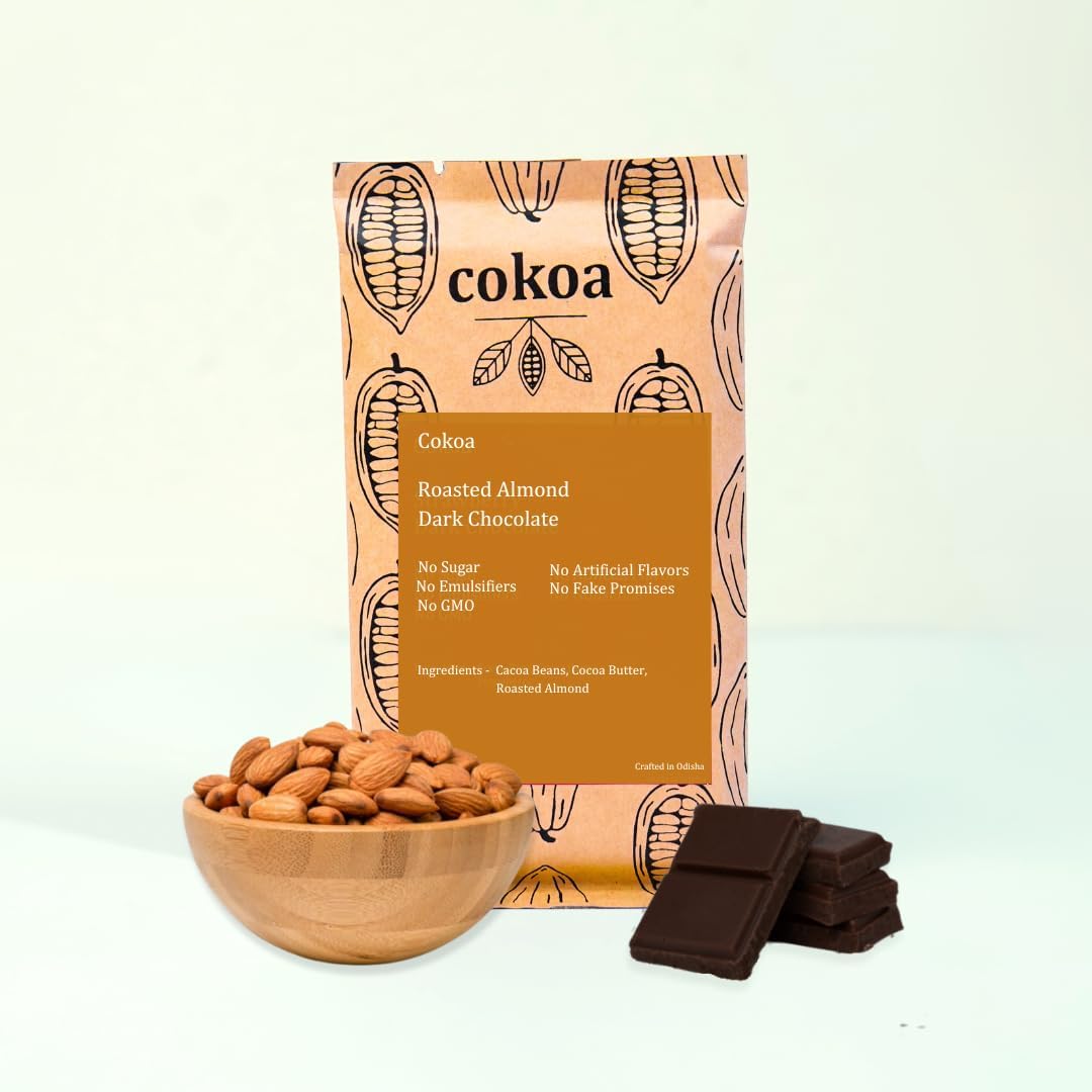 Cokoa - Roasted Almond Dark Chocolate Bar | Sugar-Free Chocolate, Healthy, Vegan & Gluten Free | 100% Natural Ingredients | Artisinal Handcrafted Sugar Free Chocolate Bars - 70g