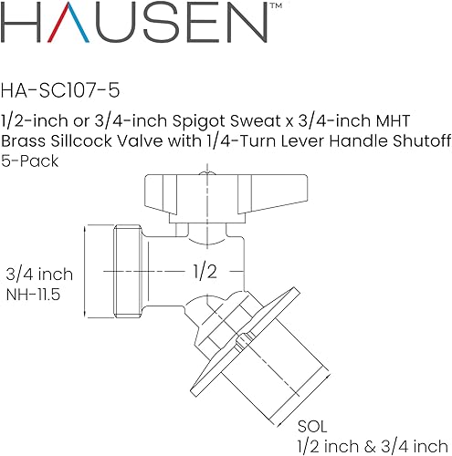Miniatura 7 de Hausen 12 pulg. y 34 pulg. Latón 14 Giro Espiga x Sillcock, paquete de 5