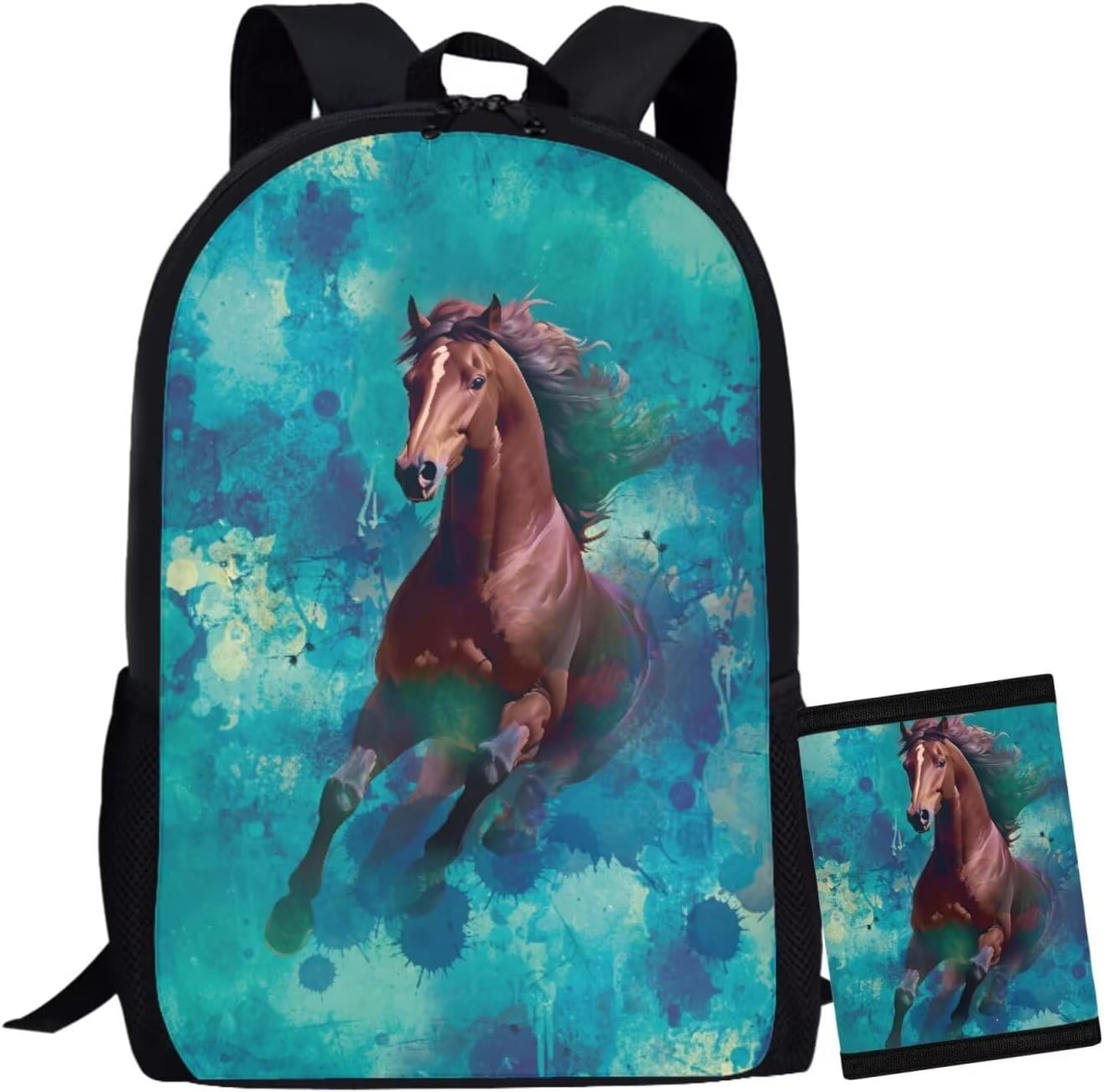 COEQINE Horse Backpacks For Teen Girls Sunflower Book Bag for Women School Bag Set for Student With Trifold Wallet Large Laptop Shoulder Bag With Water Holder Pocket