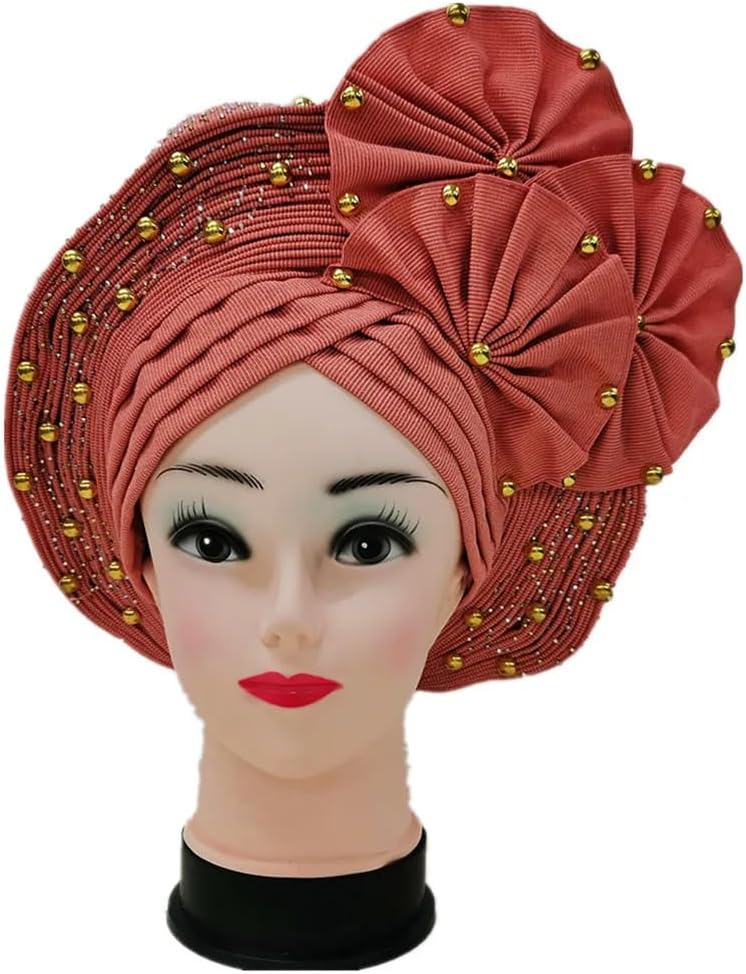 Womens Nigerian Gele Headtie Already Made Headwrap African Turban Cap Flower Beaded Muslim Hijabs