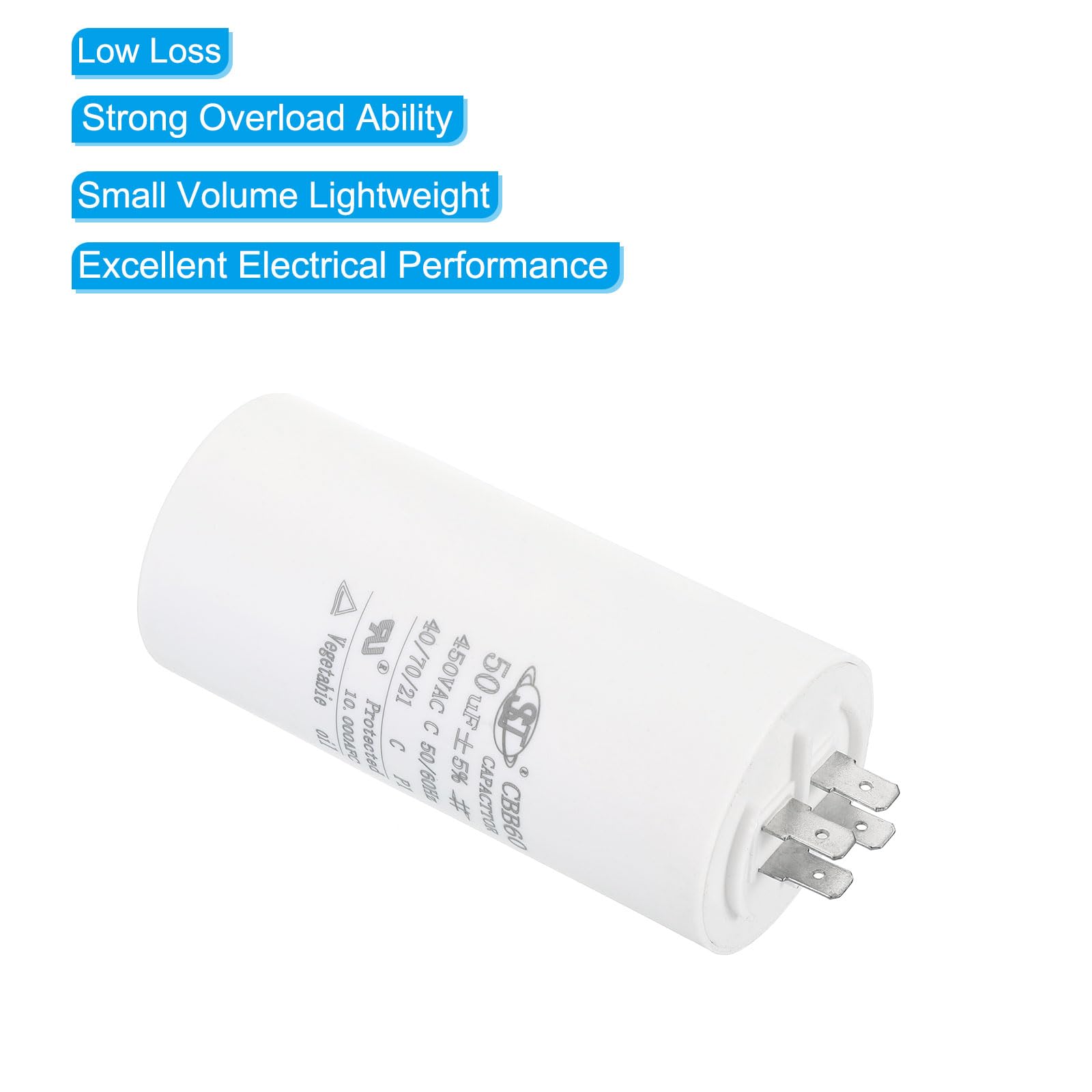 Condensatore CBB60 45uF AC 450V Con 2 Fili, 50/60Hz, 100x50mm - Per Compressori, Pompe, Motori E Lavatrici