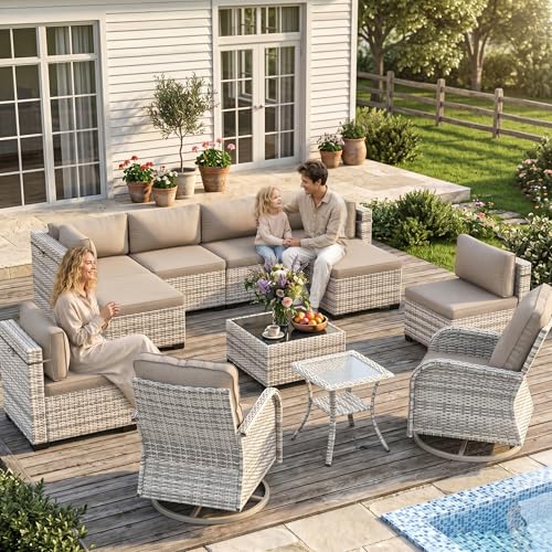 Image of Outdoor PE Wicker Rattan Modular Patio Sectional Sofa Set | 12-Piece: 6 Modular Seats, Coffee Table, 2 Swivel Rocking Chairs, Side Table & 2 Ottomans, Khaki