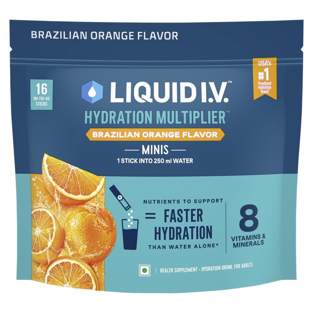 LIQUID I.V. MINIS - HYDRATION MULTIPLIER - BRAZILIAN ORANGE |16 STICKS for 4 Litres | HALF SERVE(250 ML PER STICK)|8 Vitamins & Minerals, For Performance & Recovery, Caffeine-Free, Gluten-Free