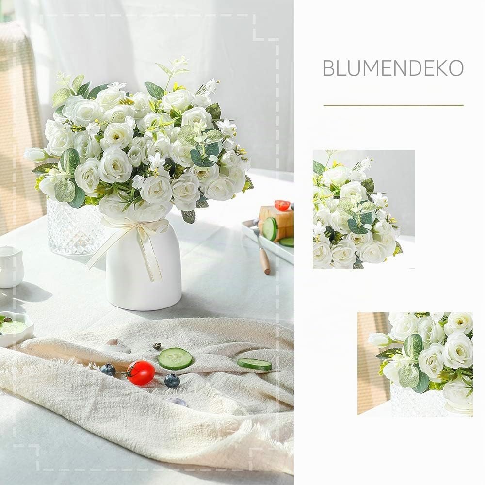 LESING Künstliche Seidenrose mit Vase, Kunstblumen, Hochzeitsblumen, Blumensträuße, Arrangement, Zuhause, Büro, Party, Tafelaufsatz, Tischdekoration (weiß)