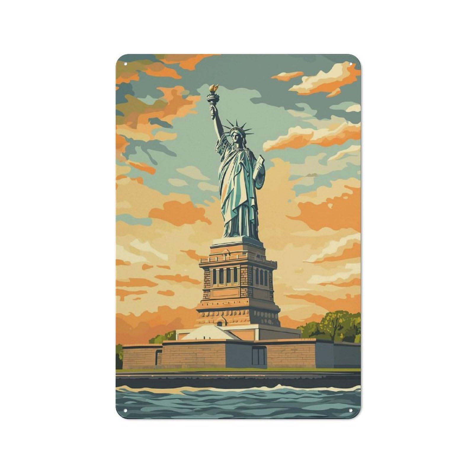 Statue of Liberty Sunset Tin Sign 30x20cm, Vintage Home Bar Decor for Cafe, Pub, Workshop Or Home Bar, for Relaxed Wall Styling