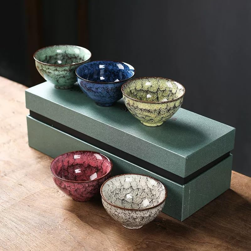 Handmade Glazed Kiln Change Tea Cups - 5-Piece Wuxing Ceramic Teacup Set for Gongfu Tea, Japanese Matcha, and Daily Sipping - Unique Crackle Glaze Finish - Ideal Gift for Tea Enthusiasts