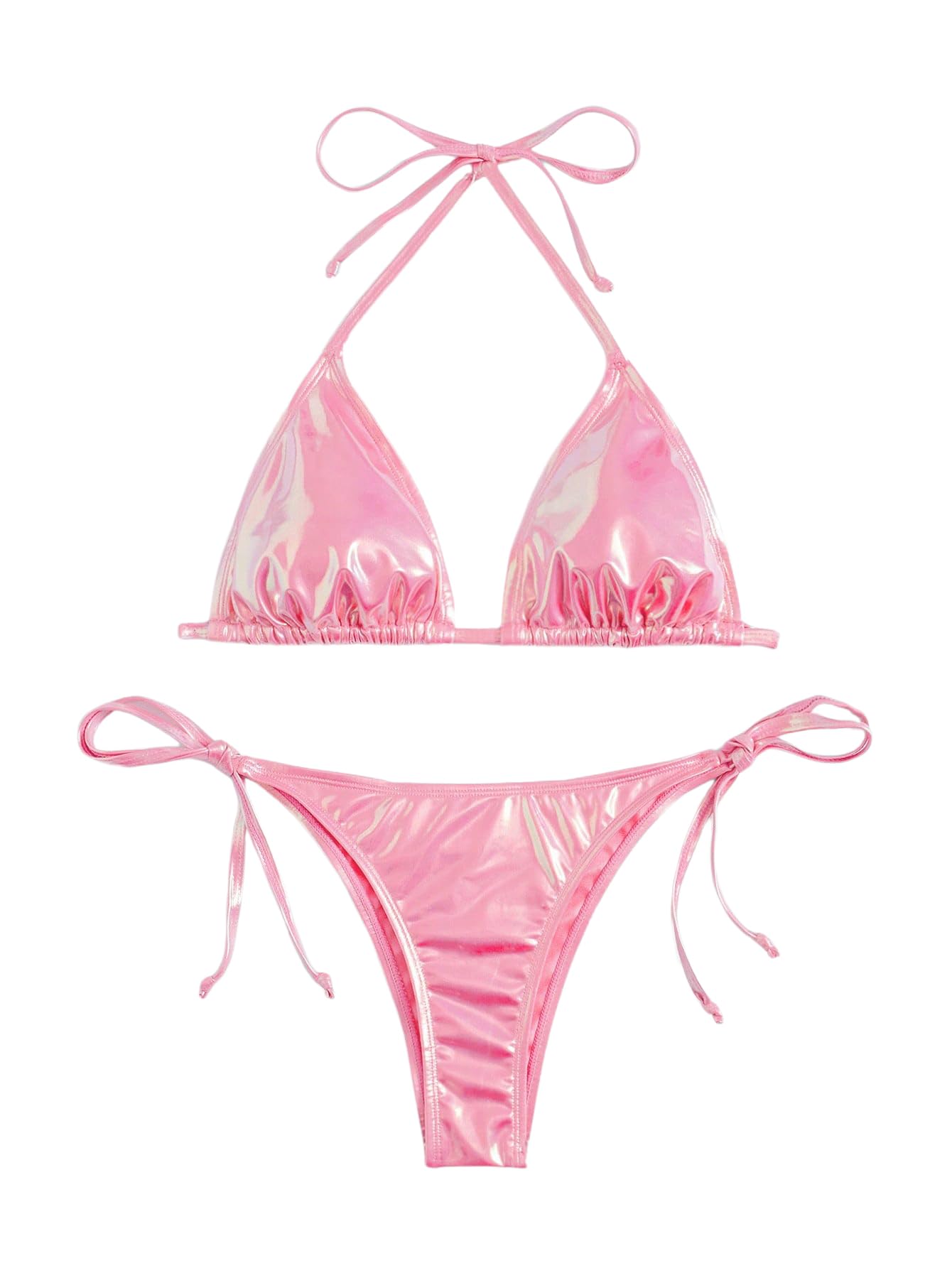 Women's Metallic Bikini Set Halter Triangle Sexy 2 Piece Swimsuits Tie Side Bottom Swimwear