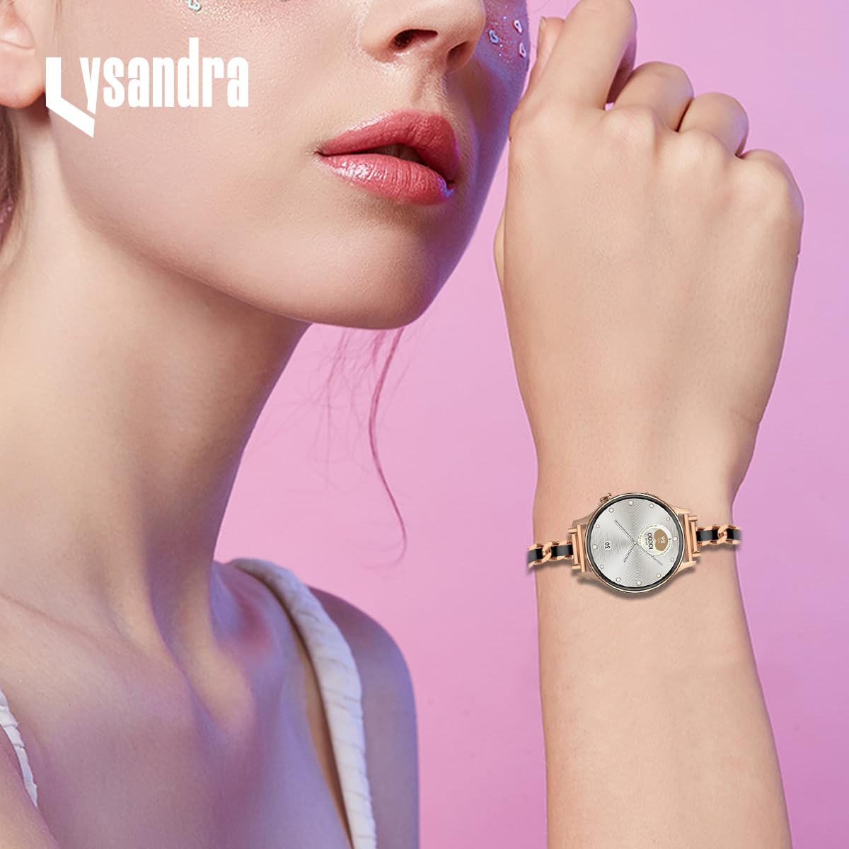 LYSANDRA Correa de pulsera de cadena de metal ajustable compatible con reloj inteligente Fitpolo AR-01, aeac AR-01, correa de pulsera de cadena de metal ajustable con cuero (oro rosa)