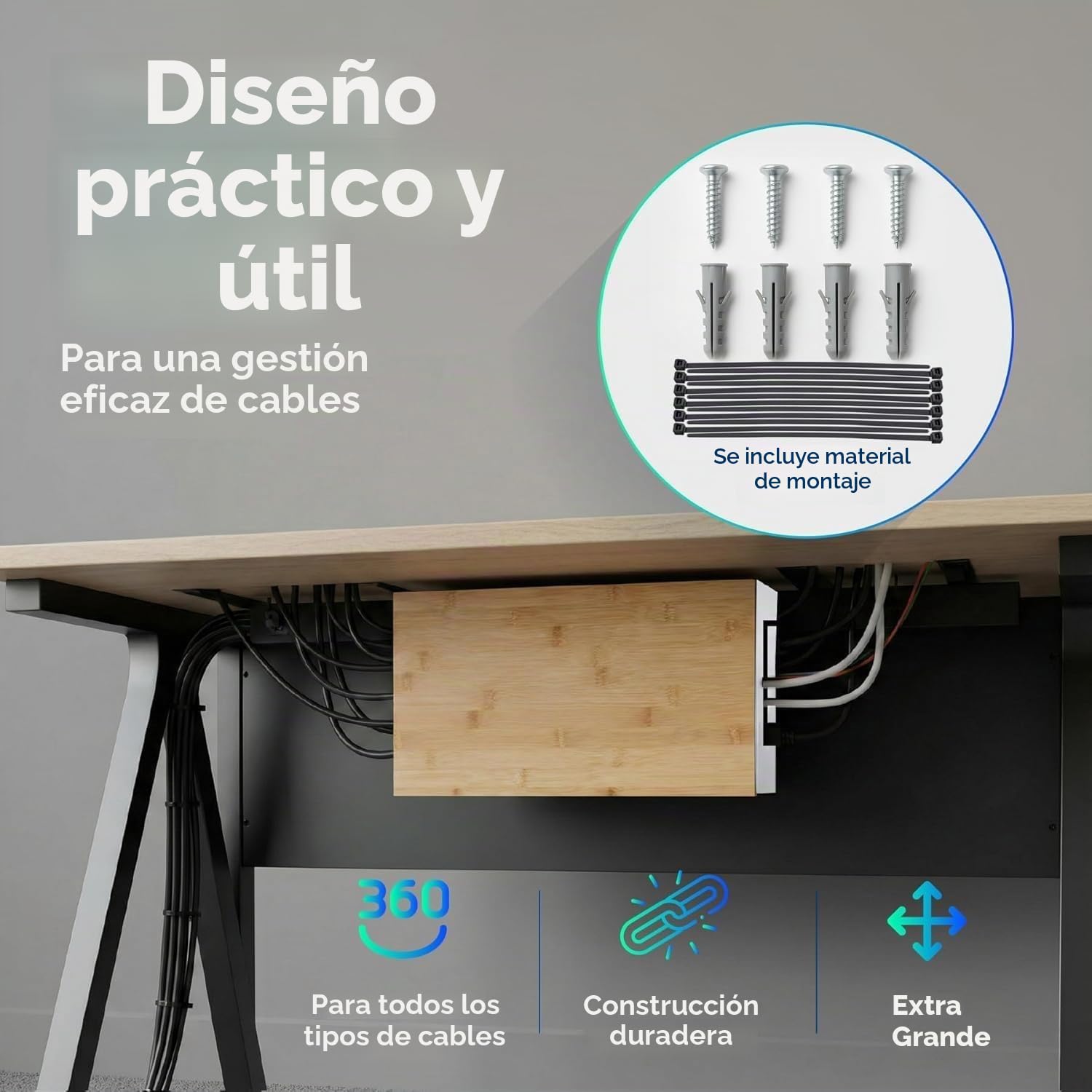 Caja de gestión de Cables de bambú 41×20×11 cm – Tapa magnética – Organizador de Cables con Kit para Montaje en Pared – Caja ocultacables para Escritorio y Zona TV (Blanco L)