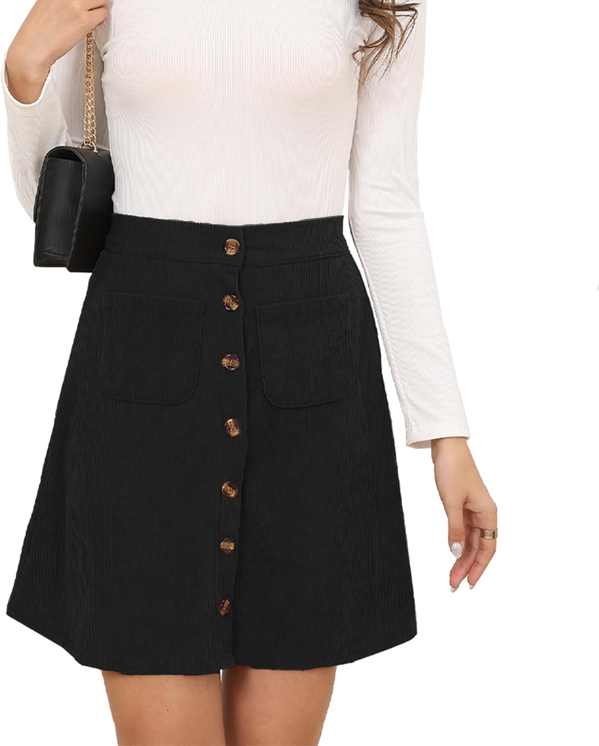 Women's Button Down Corduroy Skirts High Waist A-line Pleated Short Mini Skirt with Pockets