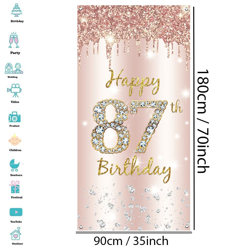 87. urodziny dekoracja dla kobiet, Happy 87th Birthday Door Banner różowe złoto, 87. urodziny tkanina tabliczka plakat dekoracja drzwi, 87. urodziny tło, baner damski, przyjęcie urodzinowe tabliczka