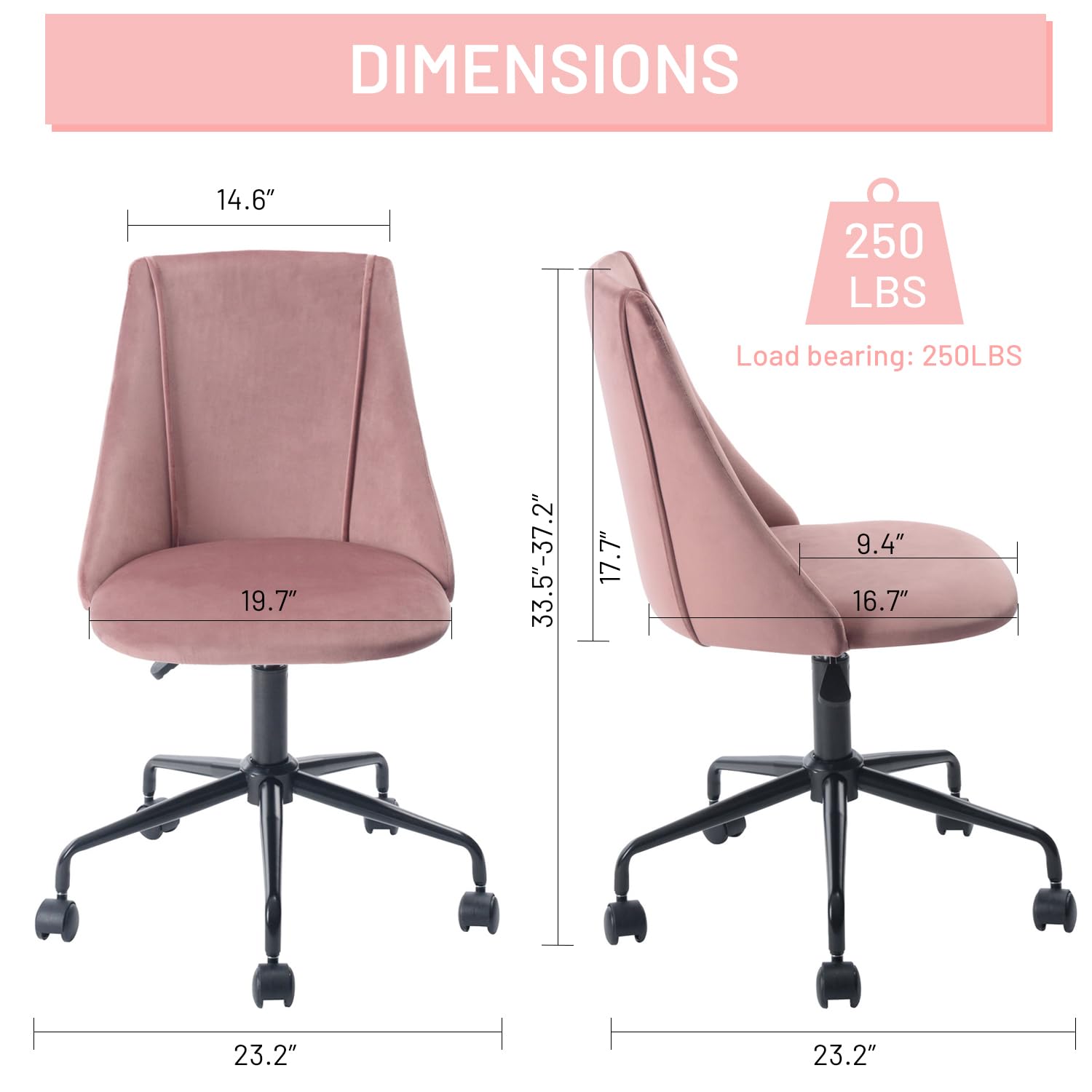 FurnitureR Office Chair Ergonomic Upholstery Armless Computer Desk Swivel Seating Soft Padded Wide Cushion for Home Study Work Task, Rose