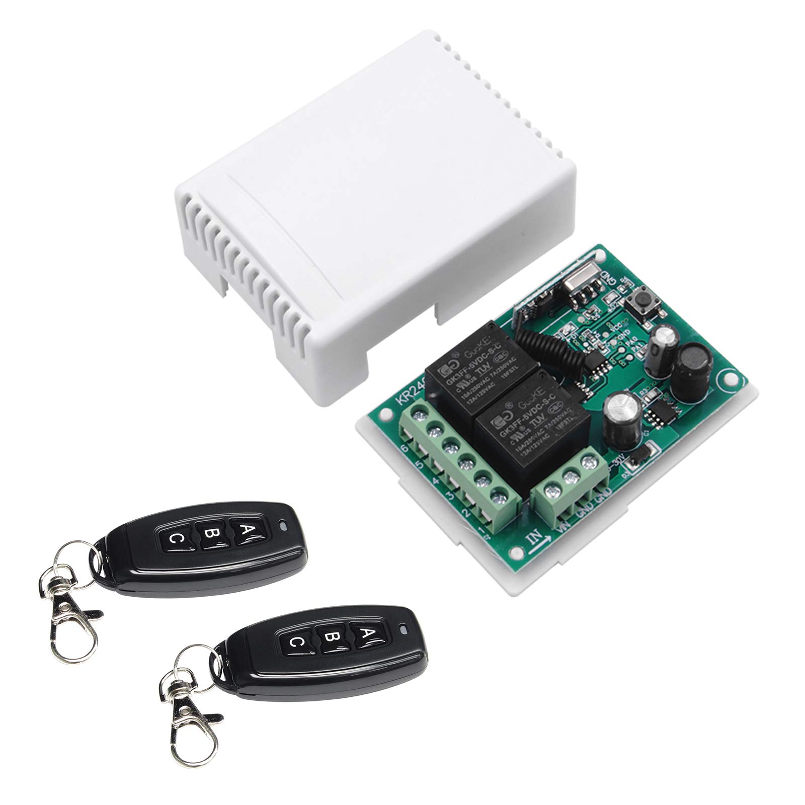 QIACHIP DC 12V 24V Relay Remote Control Switch Garage Door Hardware 433mhz RF Universal Wireless Receiver Module with 2 Transmitters Toggle for Lights, Garage Door, DC Motor
