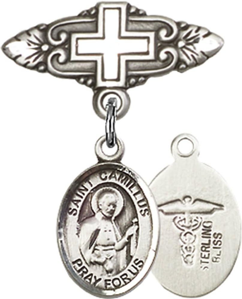 Bonyak Jewelry Saint Medal Collection Sterling Silver Baby Badge with ST. CAMILLUS of LELLIS/Doctors Charm and Badge Pin with Cross 1 X 3/4 inches