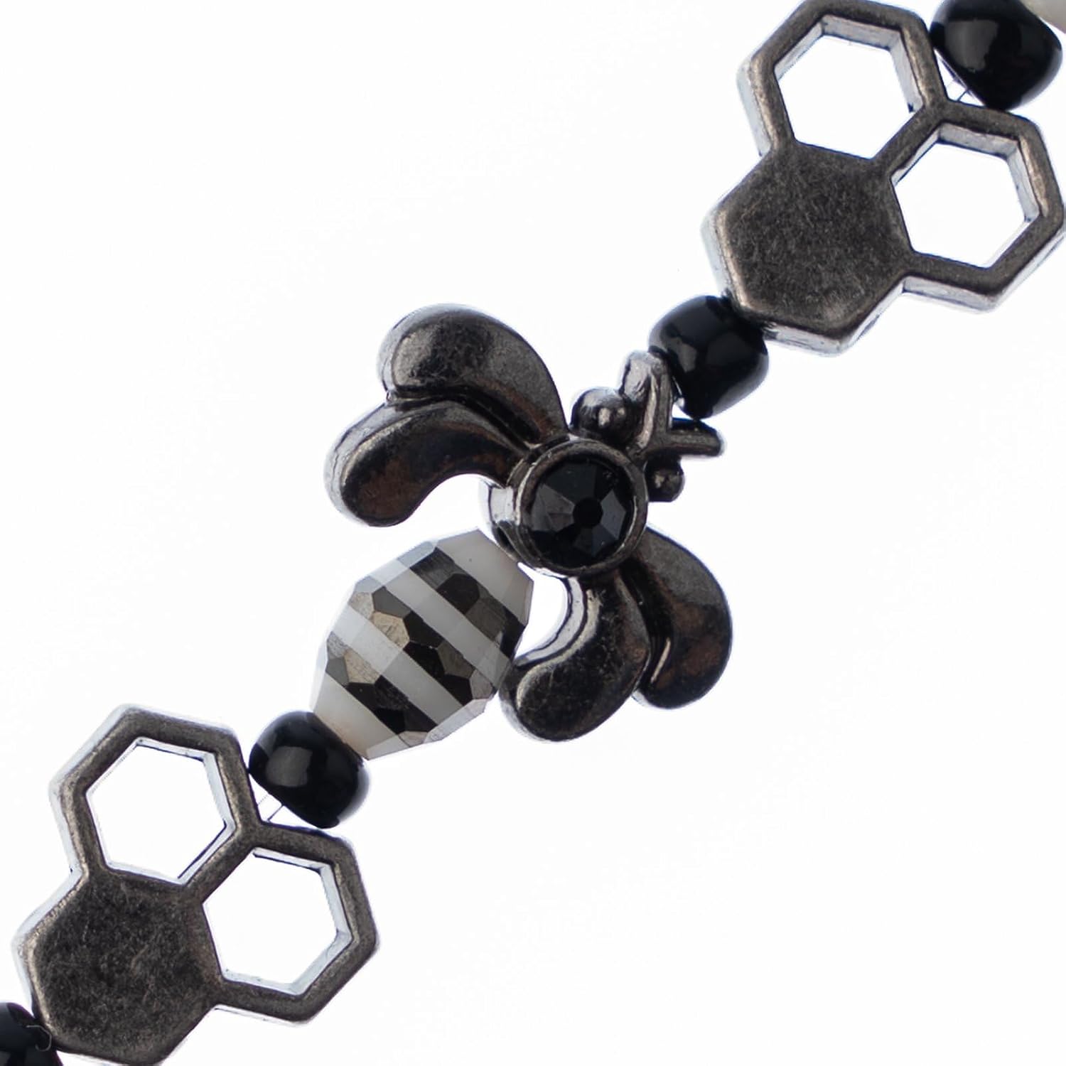 John Bead 5 inch Bead Strand Honeycomb and Bees Black and White with Gunmetal Details