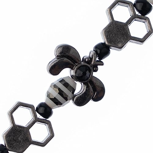 Vista 2 de John Bead Hilo de cuentas de 5 pulgadas en forma de panal y abejas en blanco y negro con detalles de bronce