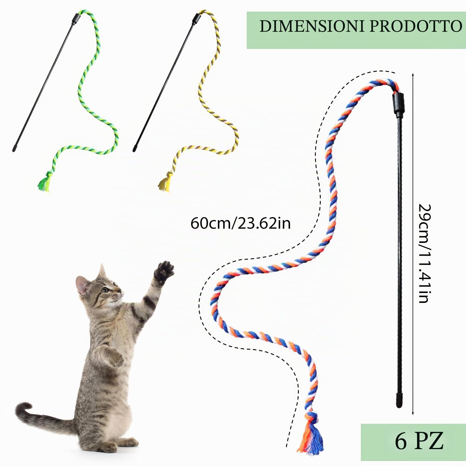 6 Pezzi Bacchetta per gatti, giocattolo interattivo per gatti, bacchetta interattiva, giocattoli interattivi per gatti nastri colorati in tessuto giocattolo per gatti