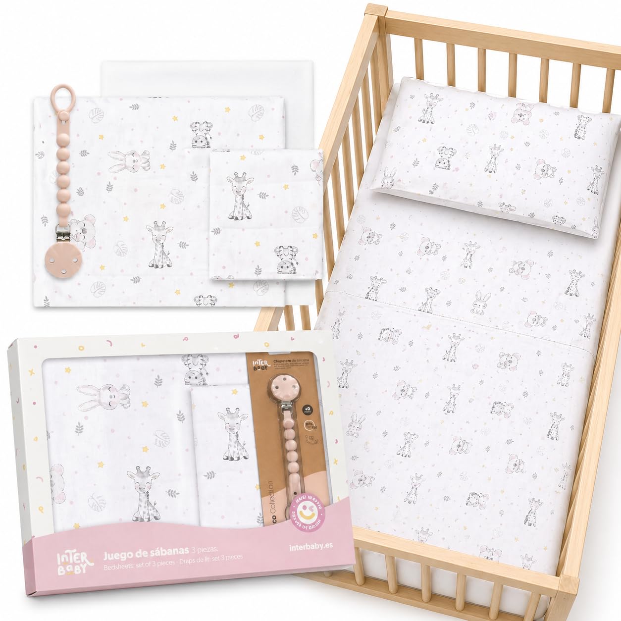 Juego 3 Sabanas Cuna 60x120 100% Algodon con Sabana Bajera Transpirable Ajustable Lavable + Encimera y Funda Almohada Suave Pack Descanso de Bebes y Recien Nacidos Diseño Animalitos Chupetero Regalo
