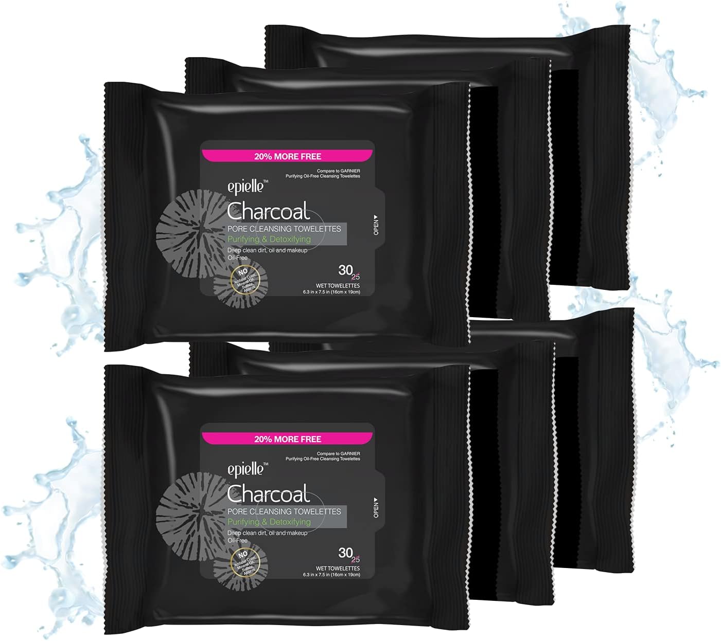 Charcoal Makeup Remover Wipes, Pore Cleaning Facial Cleanser Towelettes, Purifying & Detoxifying, Remove Dirt, Oil, Waterproof Mascara, Stocking Stuffers, 30 Count (Pack of 6)
