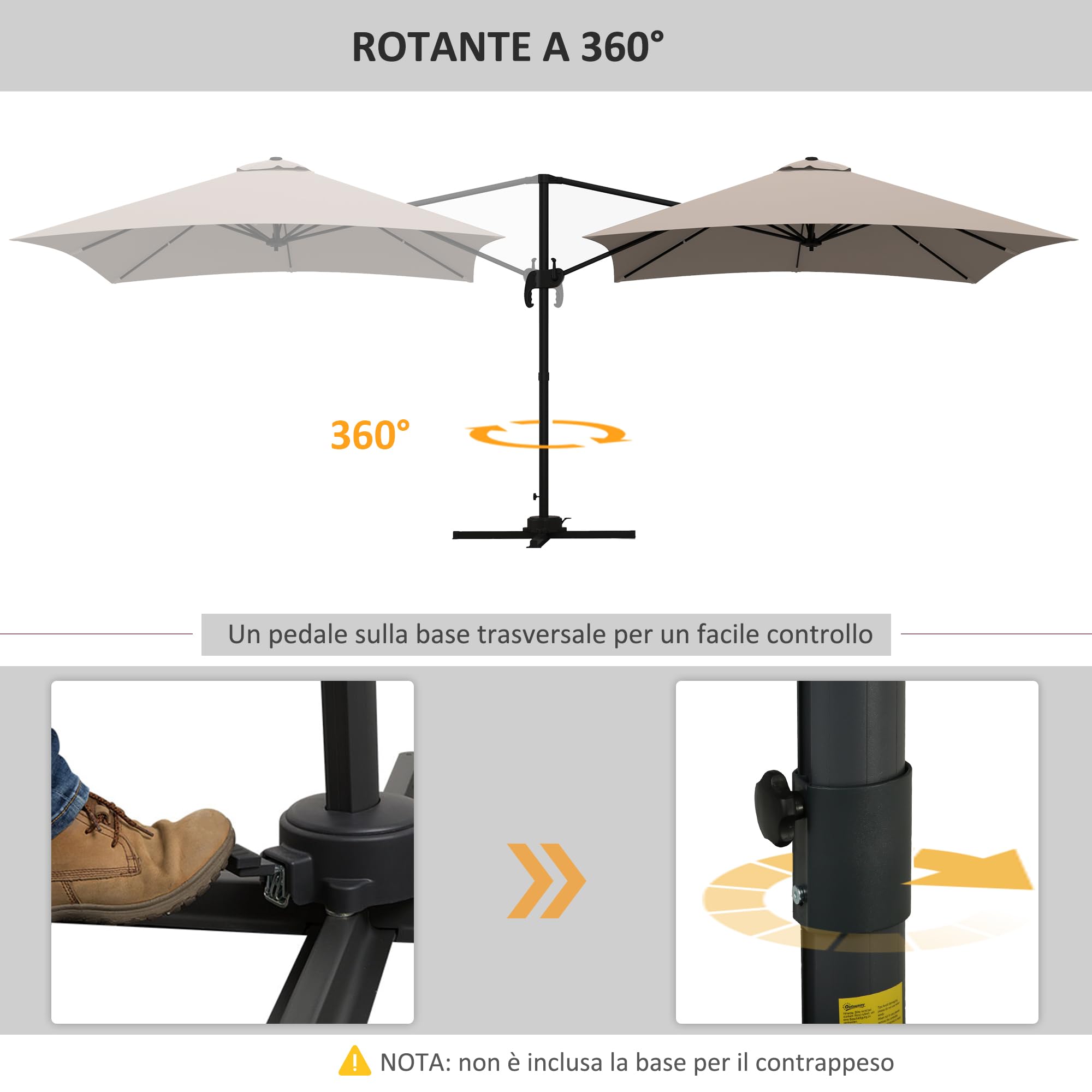 Outsunny Ombrellone da Giardino Manovella 3x3 m Inclinabile 360 | Ombrellone Decentrato a Braccio, Base a Croce, Girevole a 360°, Poliestere 250g/㎡, Alluminio