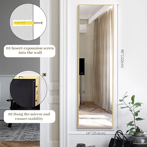 Miniatura 7 de BEAUTYPEAK Espejo rectangular de longitud completa para colgar sobre la puerta, de 14 x 48 pulgadas, con marco de aleación de aluminio de vidrio