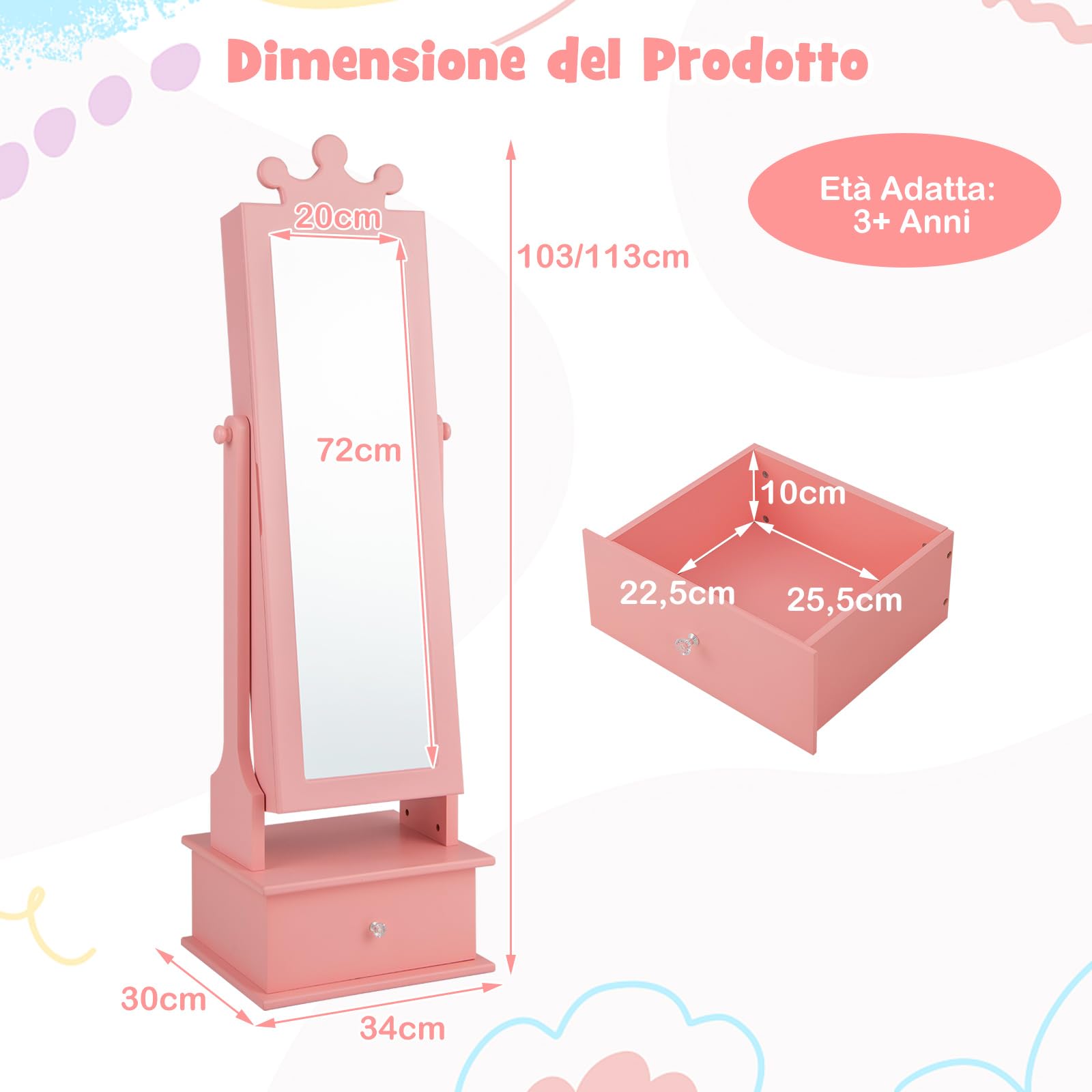 COSTWAY Armadio Gioielli per Bambini 3+ Anni con Specchio, Armadietto Portagioie da Terra con 3 Cassetti, Ideale per Camera da Letto (Rosa)