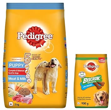 Pedigree Baby Puppy Granule Dry Dog Food, Meat & Milk 3kg & Pedigree Biscrok Biscuits Dog Treat (Above 4 Months) Chicken Flavour, 500g Pack