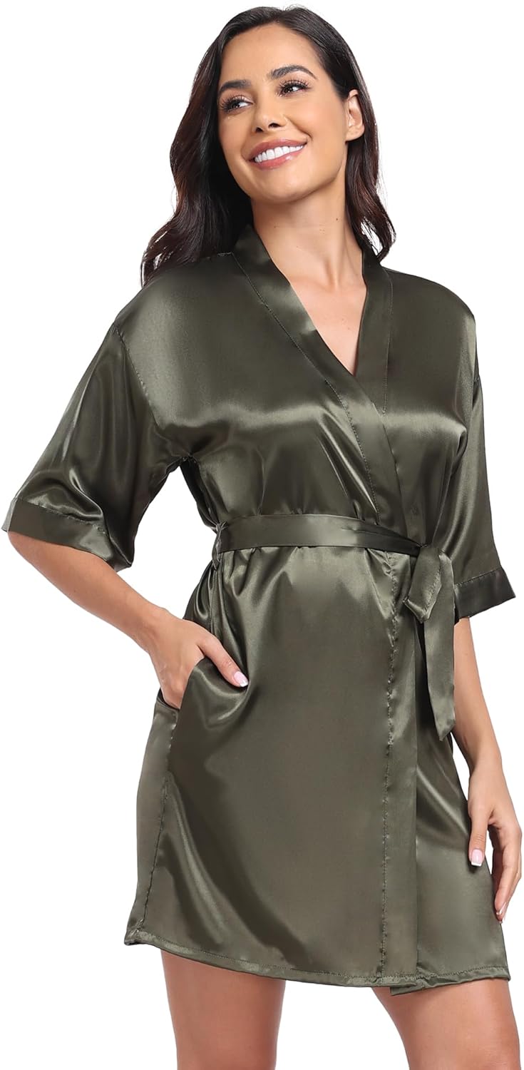 VOGUEMAX Women's Short Kimono Robe Silky Satin Bathrobe Bride Bridesmaids Getting Ready Sleepwear Soft Nightgown - Image 4