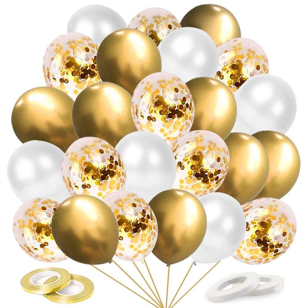 Silvester Deko Luftballons Golden, 60 Stück Gold Weiß Helium Ballons, Neujahr Silvesterdeko Golden Latex Ballons mit Bändern für Valentinstag Ramadan Geburtstag Hochzeit Party Dekoration