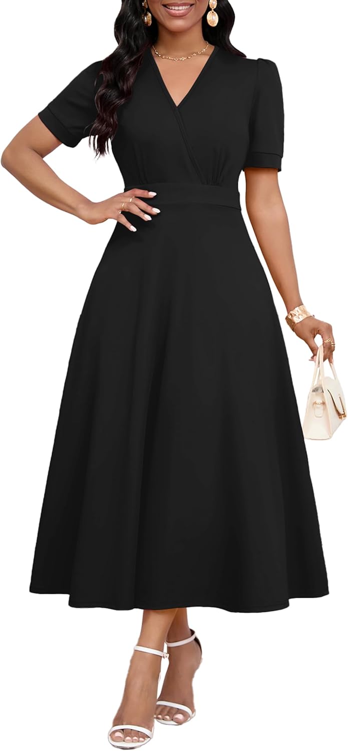 Women's Midi Dresses - V Neck Cocktail & Church Tea Dresses - Short Sleeve A-Line Swing Dress