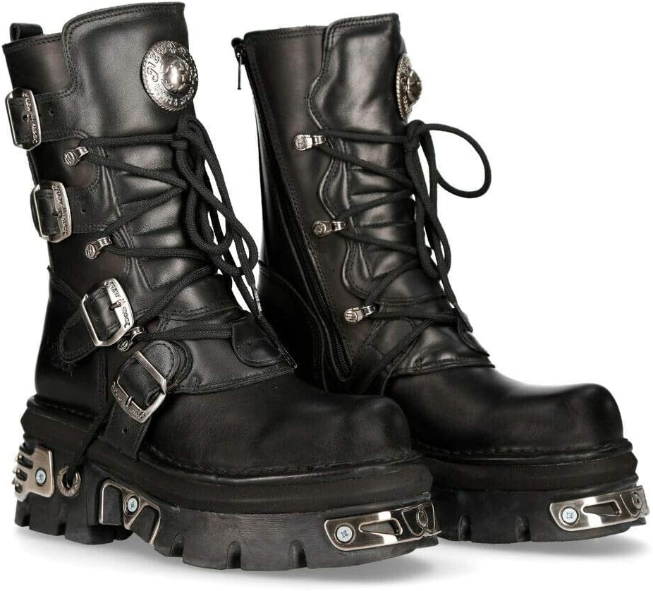 New Rock Unisex M.373-S4 Metallic Black 100% Leather Goth Biker Emo Fashion Reactor Boots